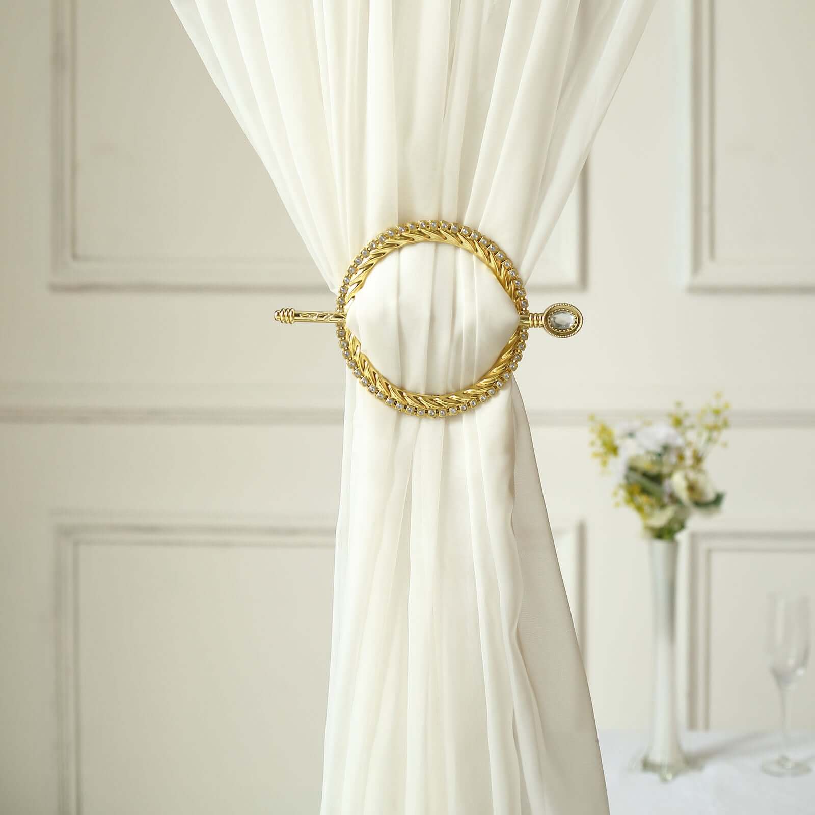 Set of 2 6" Gold Acrylic Braided Barrette Style Curtain Tie Backs With Crystal Diamond Studded Edge, Round Backdrop Drapery Brooch Holdbacks