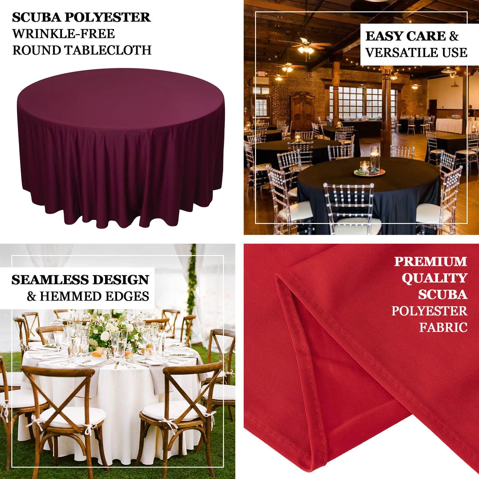 Scuba Round 132" Tablecloth Burgundy - Wrinkle Free & Stain Resistant Seamless Table Cover
