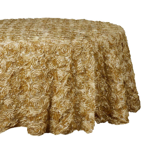 Satin 132" Round Tablecloth Champagne - Seamless Grandiose 3D Rosette Table Cover