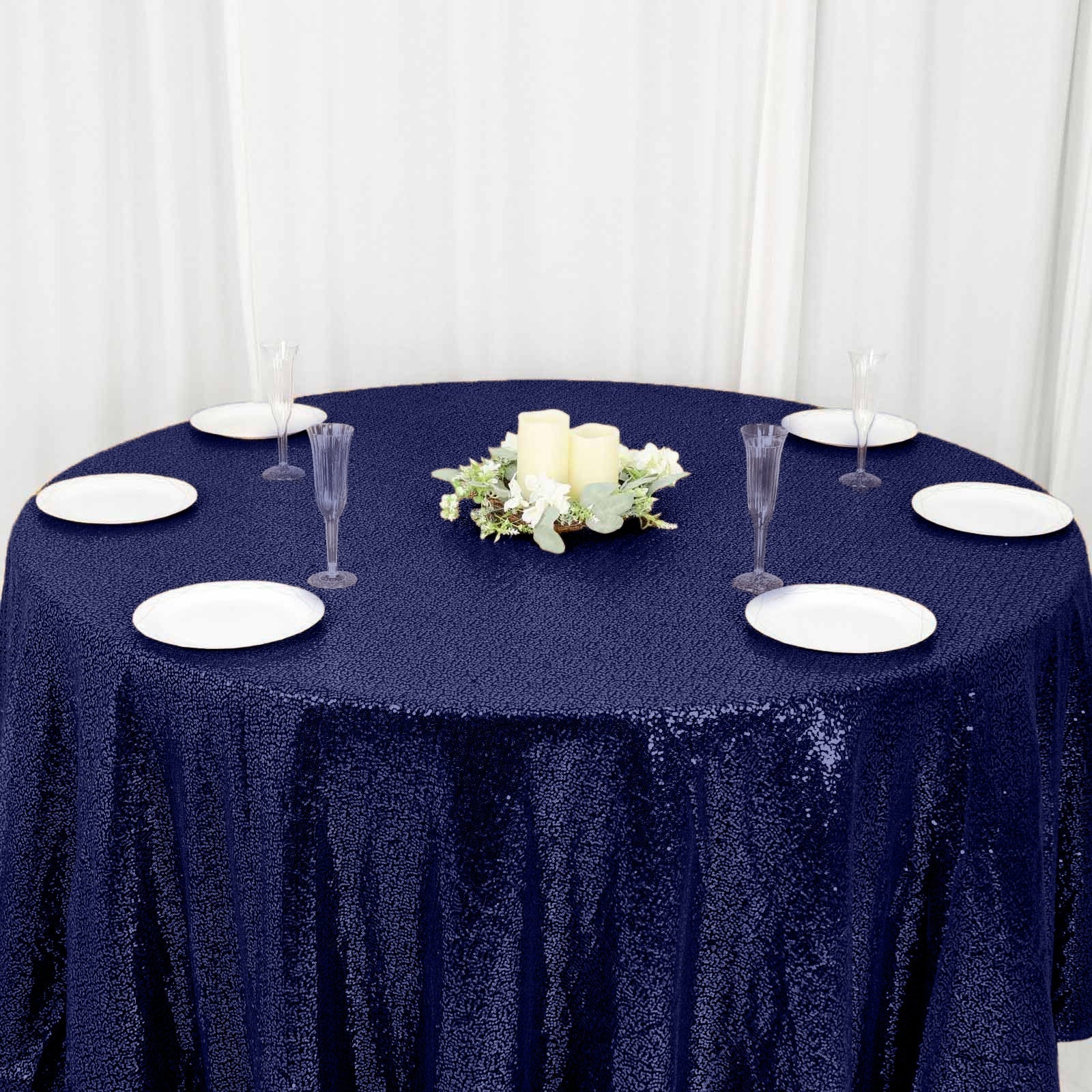 Sequin 120" Round Tablecloth Navy Blue - Seamless Glittering Table Cover