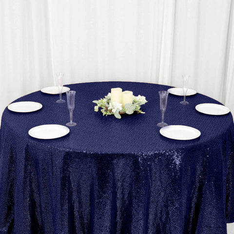 Sequin 120" Round Tablecloth Navy Blue - Seamless Glittering Table Cover