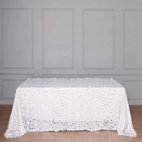 Sequin 90"x132" Rectangle Tablecloth White - Seamless Big Payette Design for Sophisticated Occasions