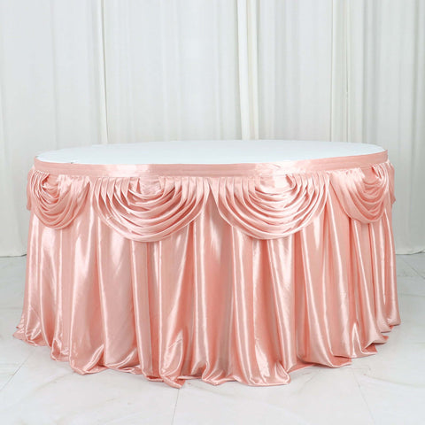 Satin 14ft Table Skirt Dusty Rose - Pleated Double Drape Table Cover