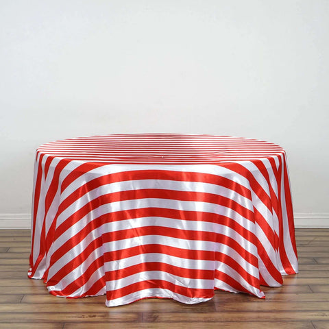Satin 120" Round Tablecloth Red/White - Stripe Design with Seamless Silky Smooth Finish Table Cover