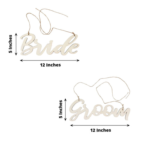 Set of 2 Bride and Groom Chair Signs Natural Wood - Charming Calligraphy Wall Hanging Wedding Decor & Props 12"x5"